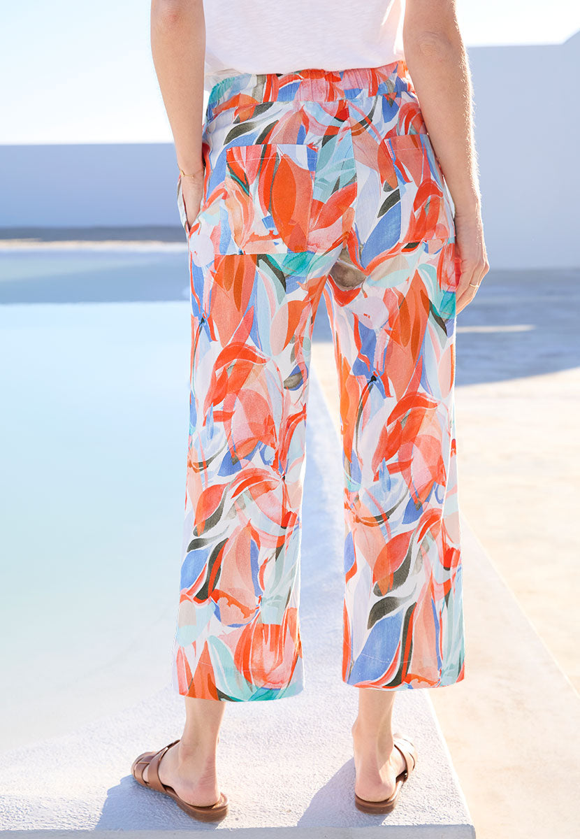 TONI Summer Linen Crop Trouser - Papaya Faro Print Wide Leg Design with Side and Back Functional Pockets Back View