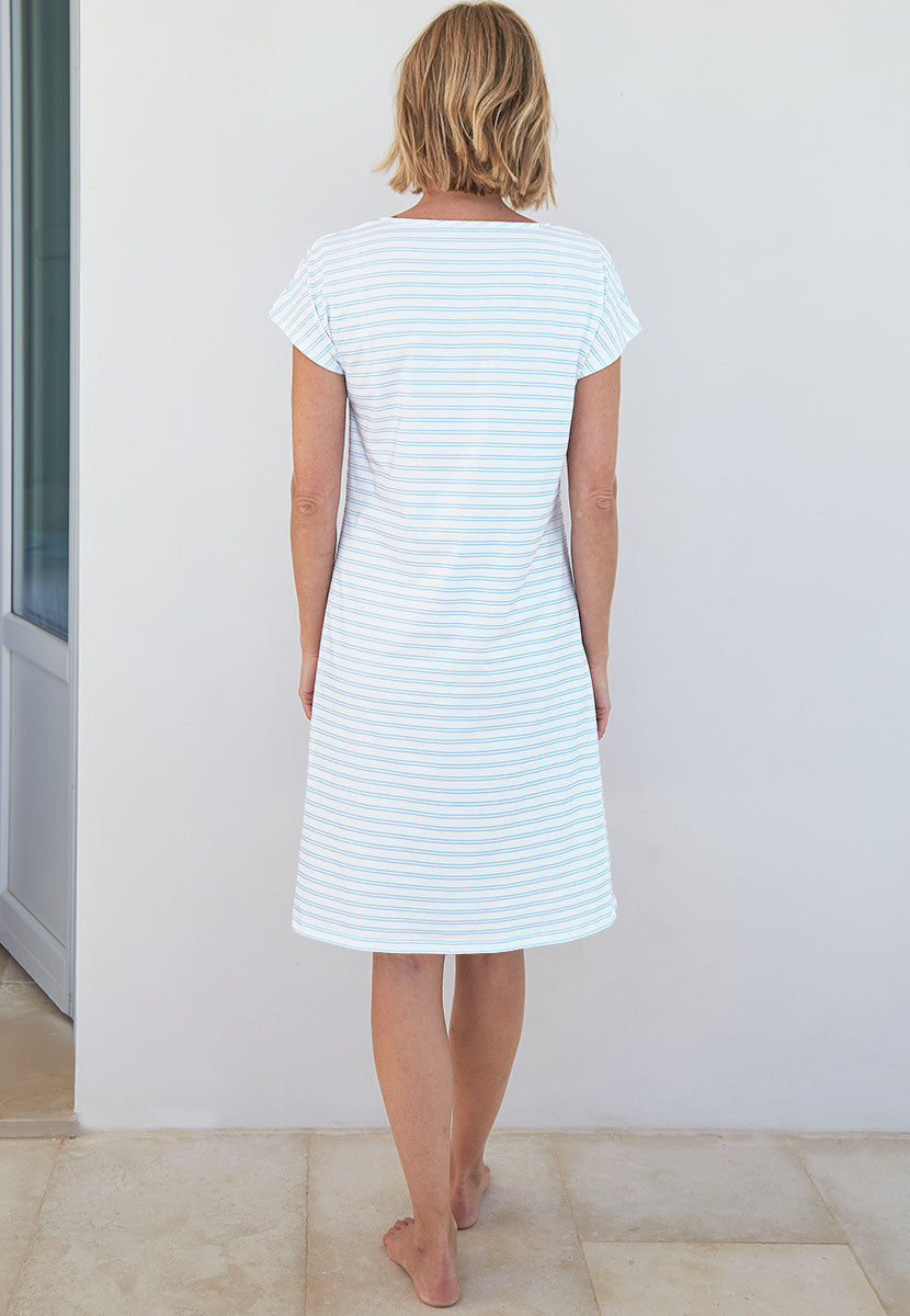 Lizzie Short Sleeve Pure Cotton Nightdress - Soft Blue Stripe