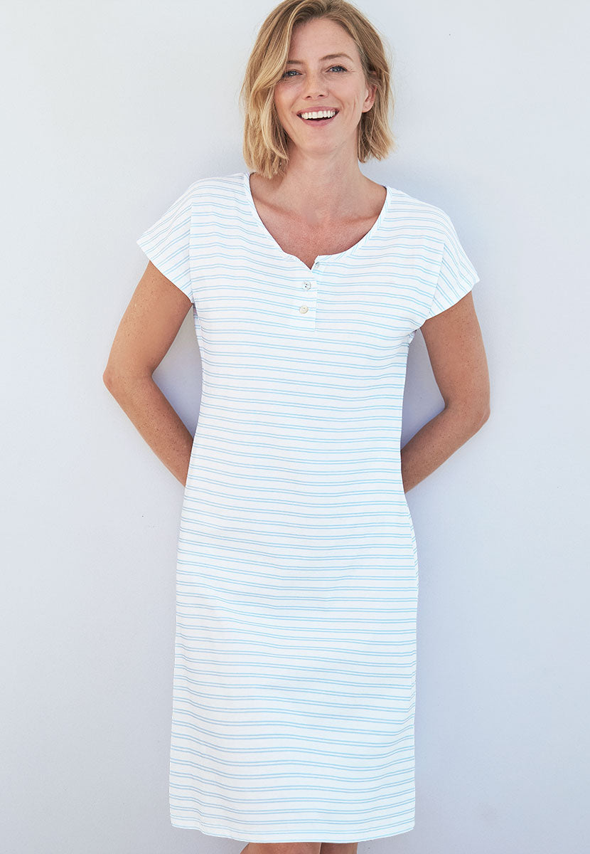 Lizzie Short Sleeve Pure Cotton Nightdress - Soft Blue Stripe