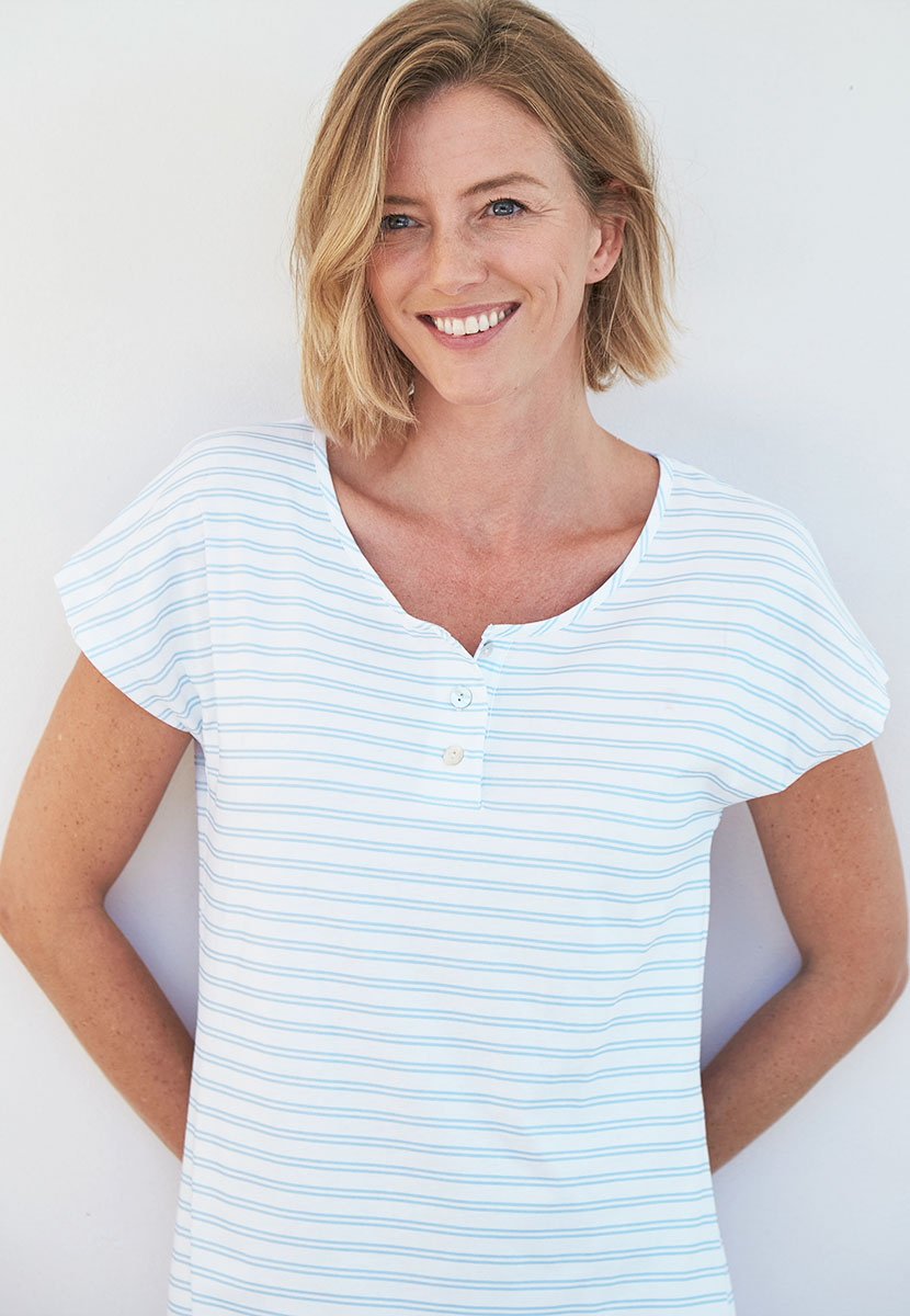 Lizzie Short Sleeve Pure Cotton Nightdress - Soft Blue Stripe