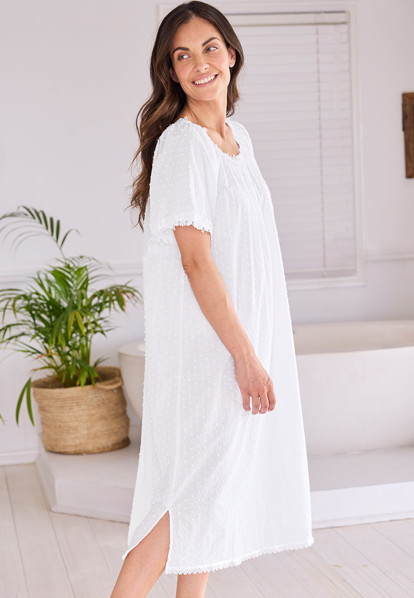 Lois Short Sleeve Pure Cotton Nightdress - White Dot