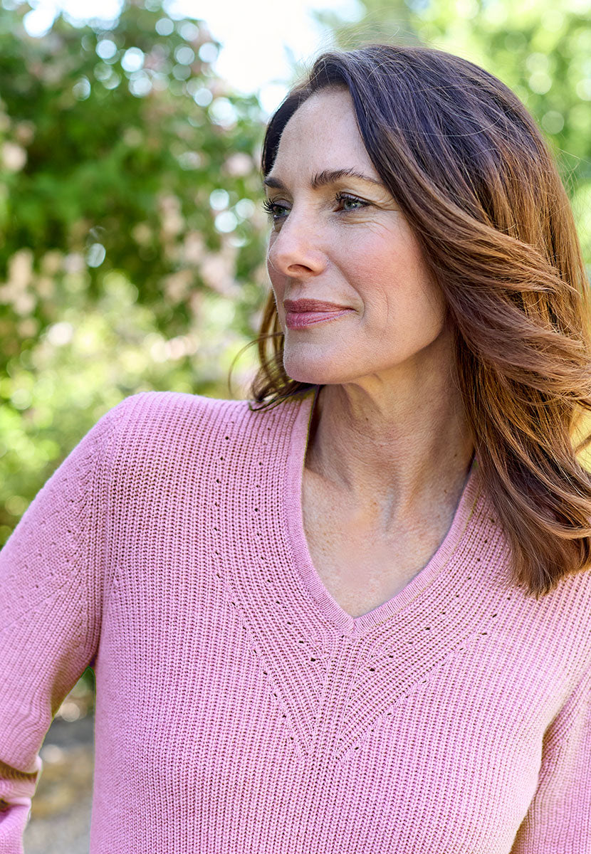 Lola V-Neck Wool Cotton Jumper - Crocus Lilac Perfect All-Season Layer Blend of Wool and Cotton Flattering V-Neck Slim Fit Pointelle Detail Front Alt View