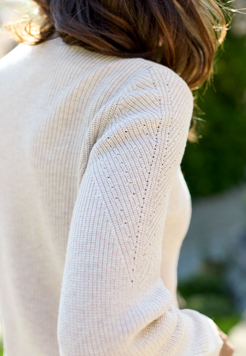 Lola V-Neck Wool Cotton Jumper - Soft Oatmeal Perfect All-Season Layer Blend of Wool and Cotton Flattering V-Neck Slim Fit Pointelle Detail Detail Alt View