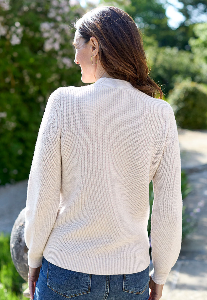 Lola V-Neck Wool Cotton Jumper - Soft Oatmeal Perfect All-Season Layer Blend of Wool and Cotton Flattering V-Neck Slim Fit Pointelle Detail Back View