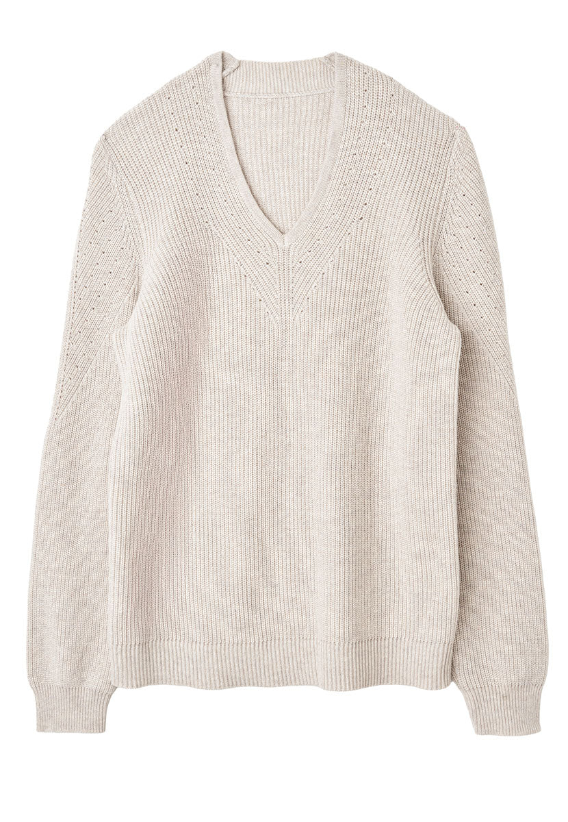 Lola V-Neck Wool Cotton Jumper - Soft Oatmeal