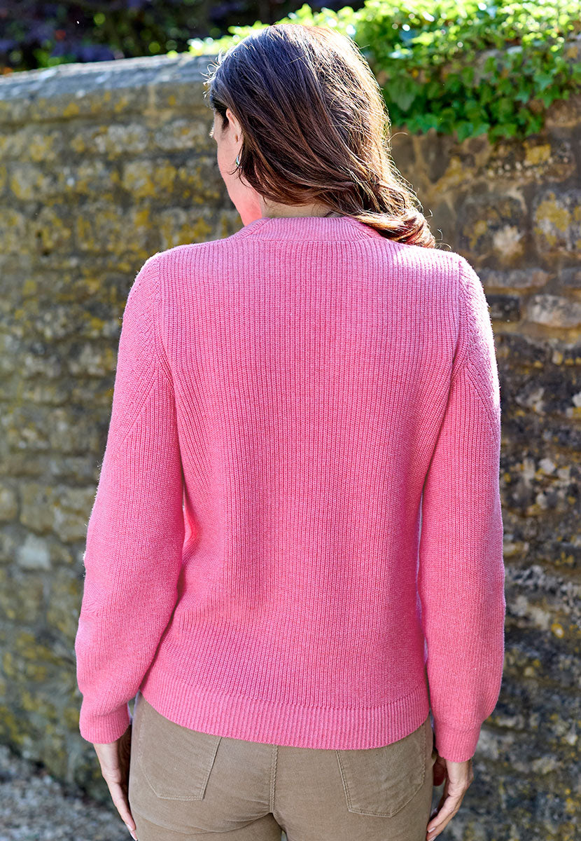 Lola V-Neck Wool Cotton Jumper - Warm Rose Perfect All-Season Layer Blend of Wool and Cotton Flattering V-Neck Slim Fit Pointelle Detail Back View