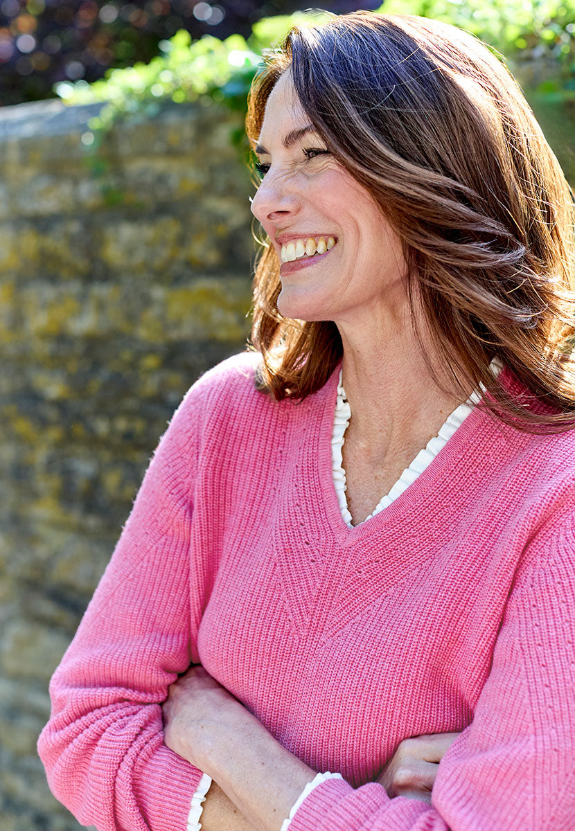 Lola V-Neck Wool Cotton Jumper - Warm Rose Perfect All-Season Layer Blend of Wool and Cotton Flattering V-Neck Slim Fit Pointelle Detail Detail View