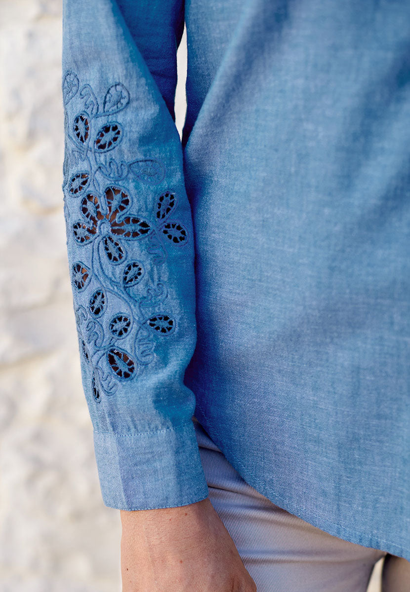 Lola Pure Cotton Long Sleeve Shirt - Chambray Blue Flattering Embroidery Detailing with Button Up Cuffs Detail View