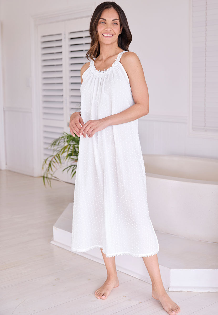 Lola Sleeveless Pure Cotton Chemise - White Dot