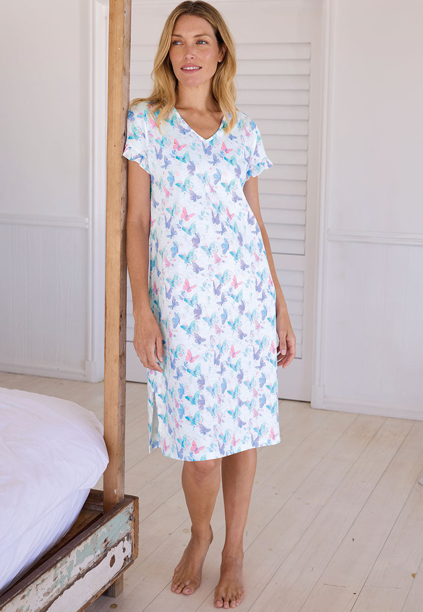 Lori Short Sleeve Pure Cotton Nightdress - Papillon Print