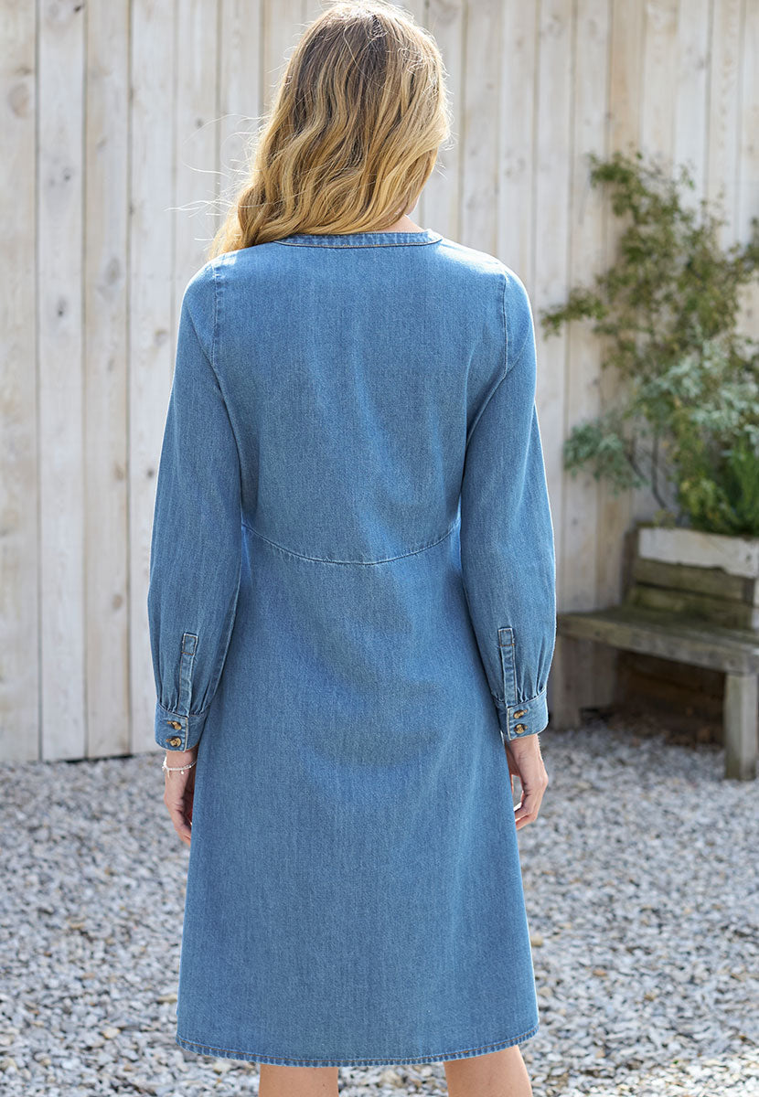 Louisa Denim Midi Dress - Mid Denim Back View