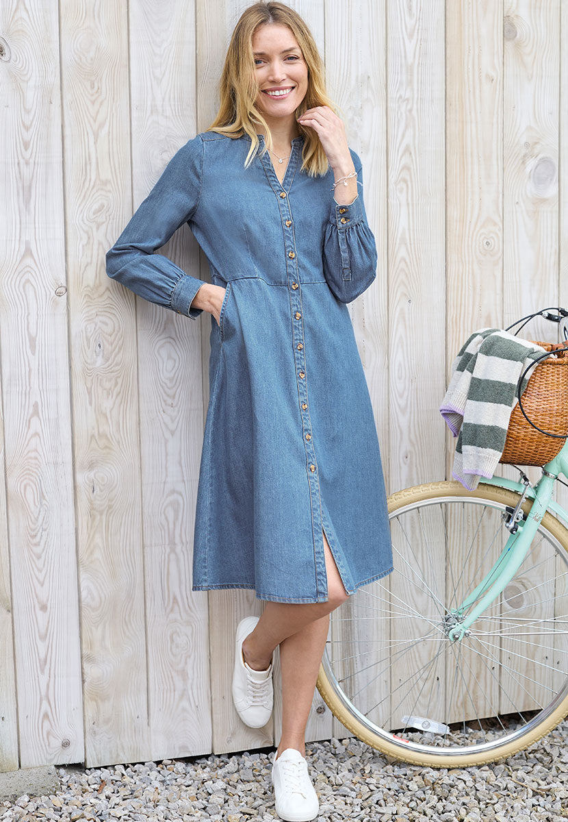 Louisa Denim Midi Dress - Mid Denim Front View