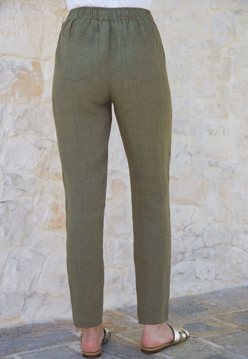 Lucia High Waist Tapered Linen Trouser - Rich Olive