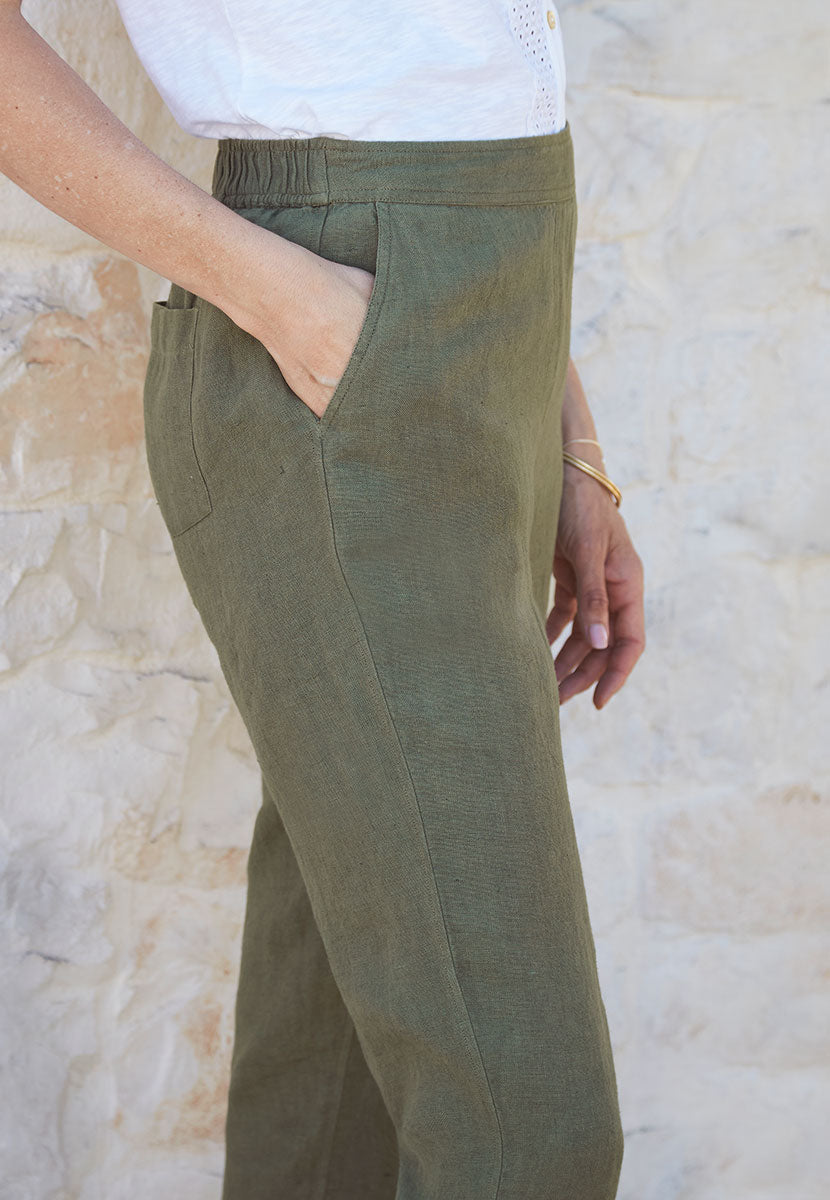 Lucia High Waist Tapered Linen Trouser - Rich Olive