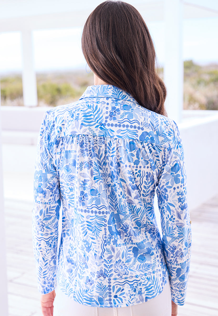 Lucille Cotton Jersey Long Sleeve Shirt - Blue Garda Print