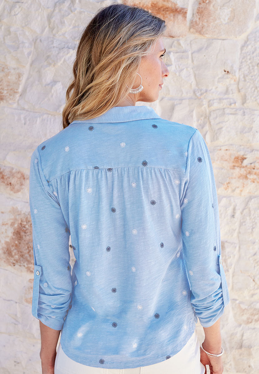 Lucille Embroidered Long Sleeve Cotton Shirt - Soft Blue