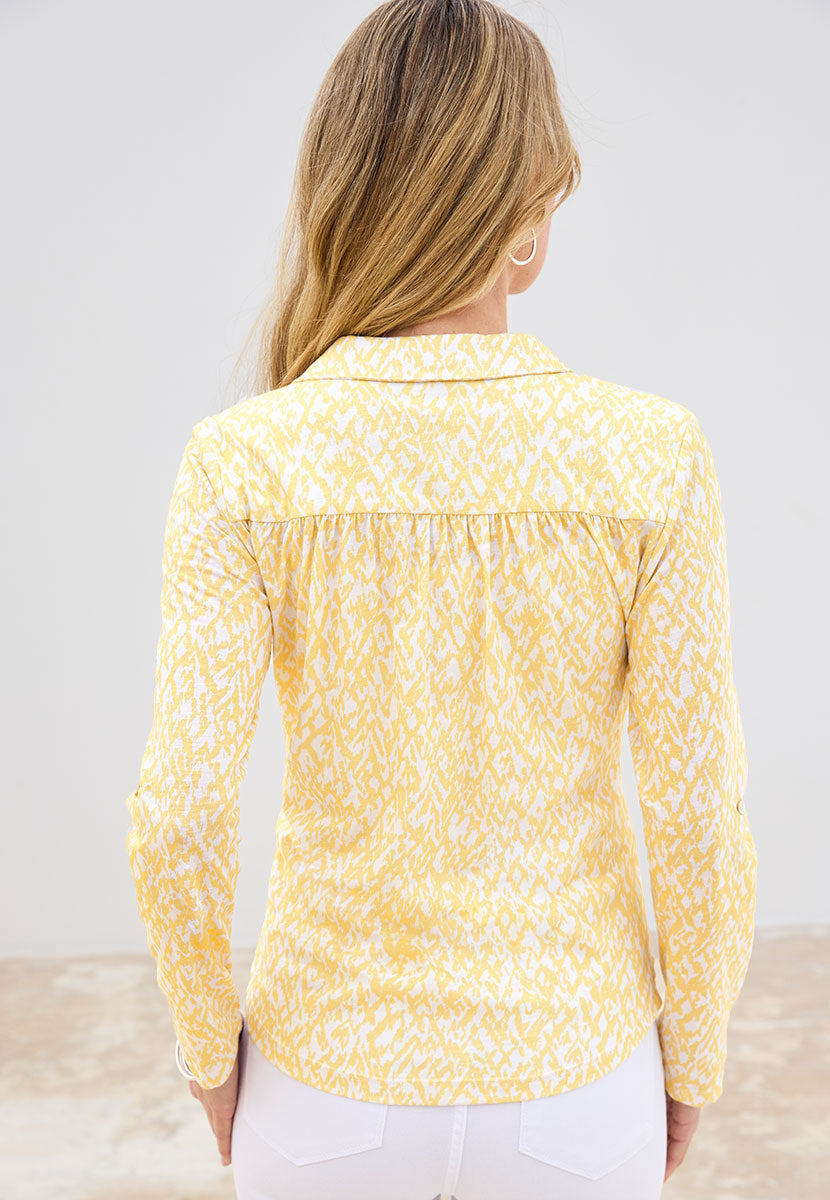 Lucille Long Sleeve Jersey Shirt - Pastel Yellow Print Slub Jersey Pure Cotton Back View