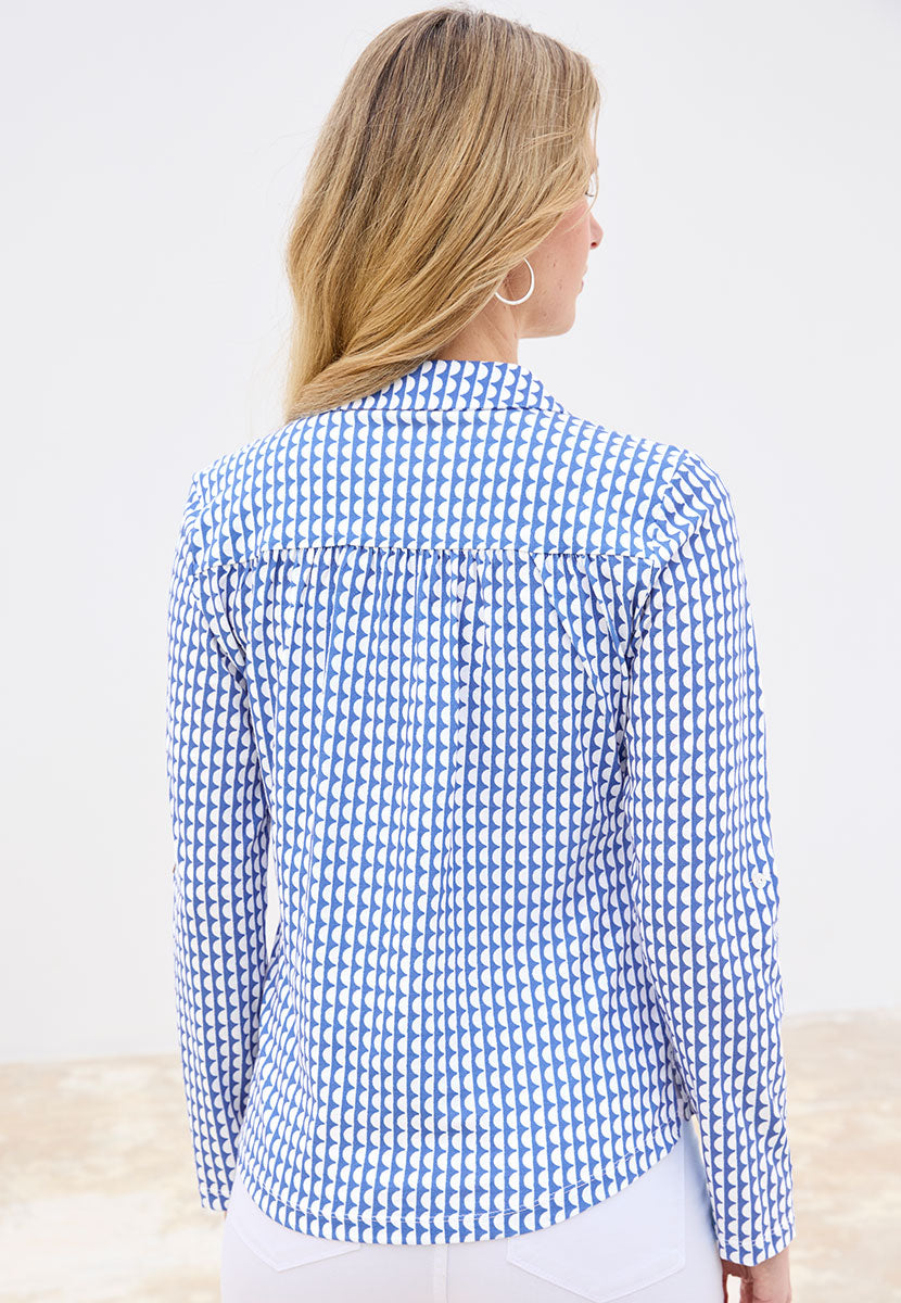 Lucille Long Sleeve Jersey Shirt - True Blue Print Slub Jersey Pure Cotton Back View