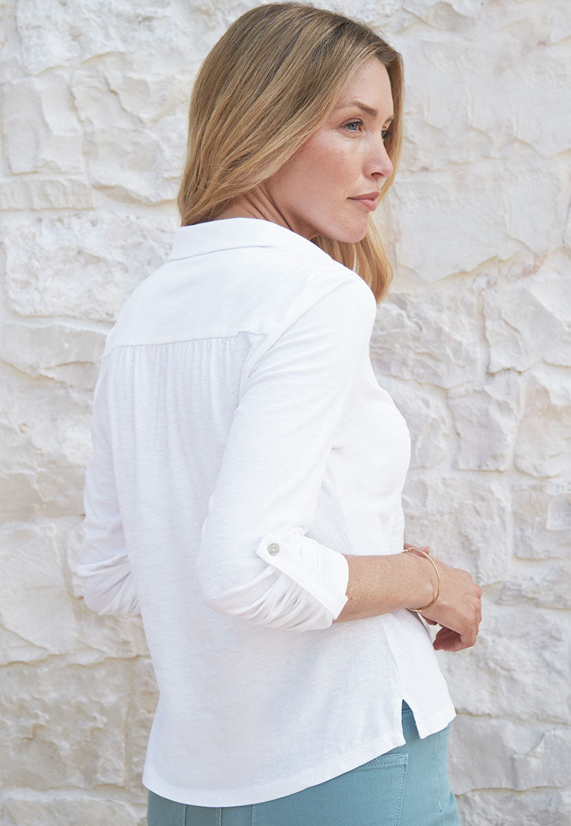 Lucille Cotton Jersey Long Sleeve Embroidered Shirt - White