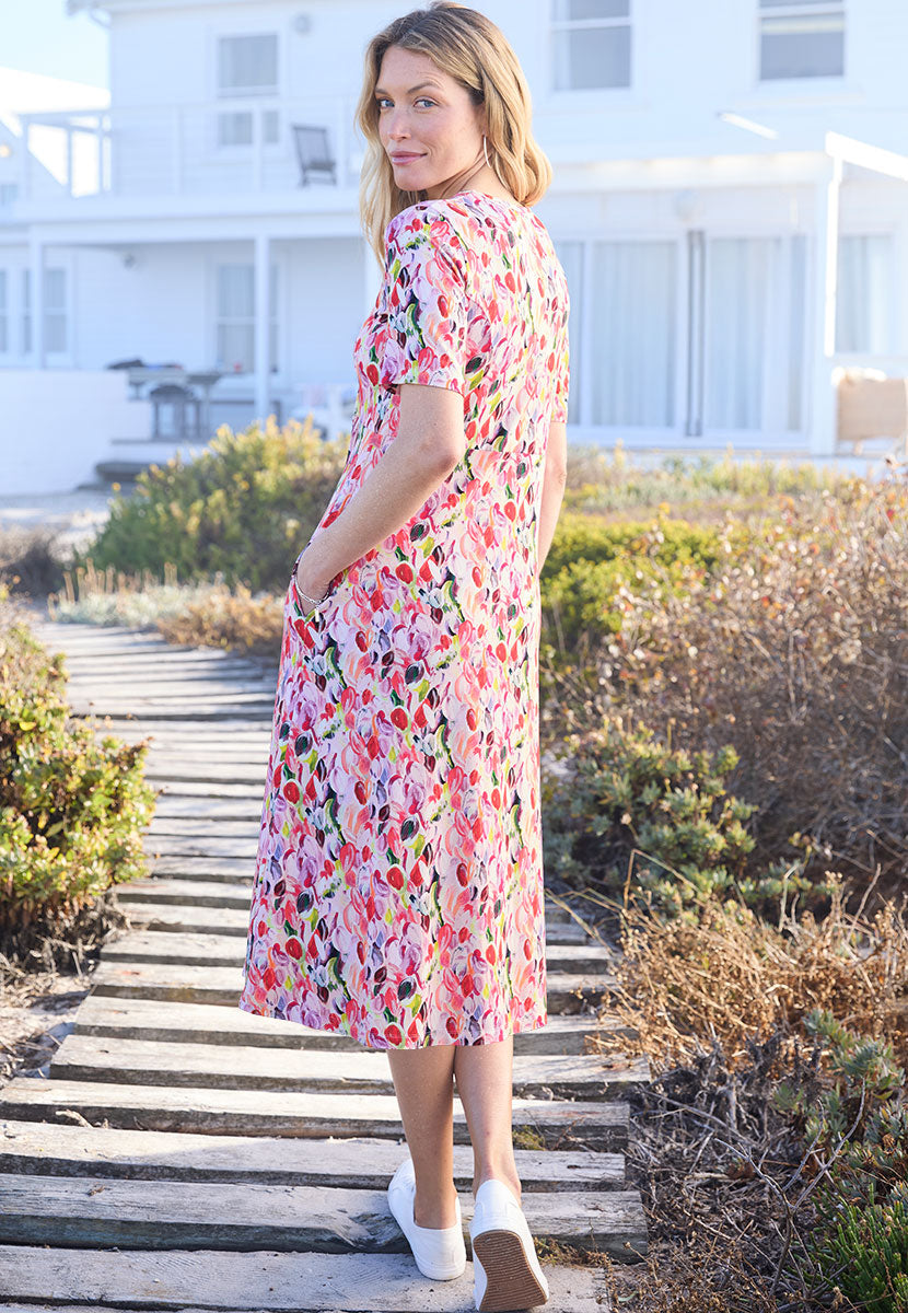 Lucy Short Sleeve Pull on Jersey Midi Dress - Capri Print