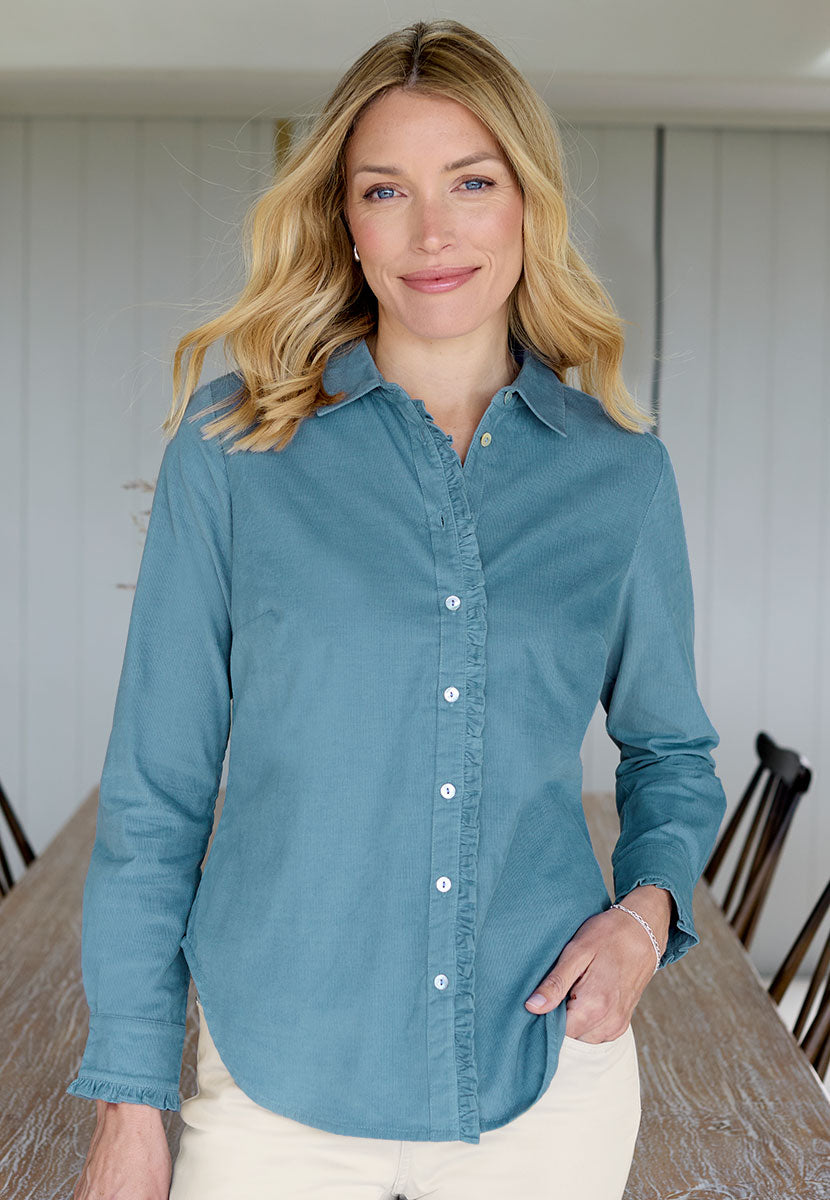 Lydia Button Through Cord Shirt - Chambray Blue Soft Cord Texture Gentle Ruffle Trims Long Sleeves and Button Cuffs Front Alt View