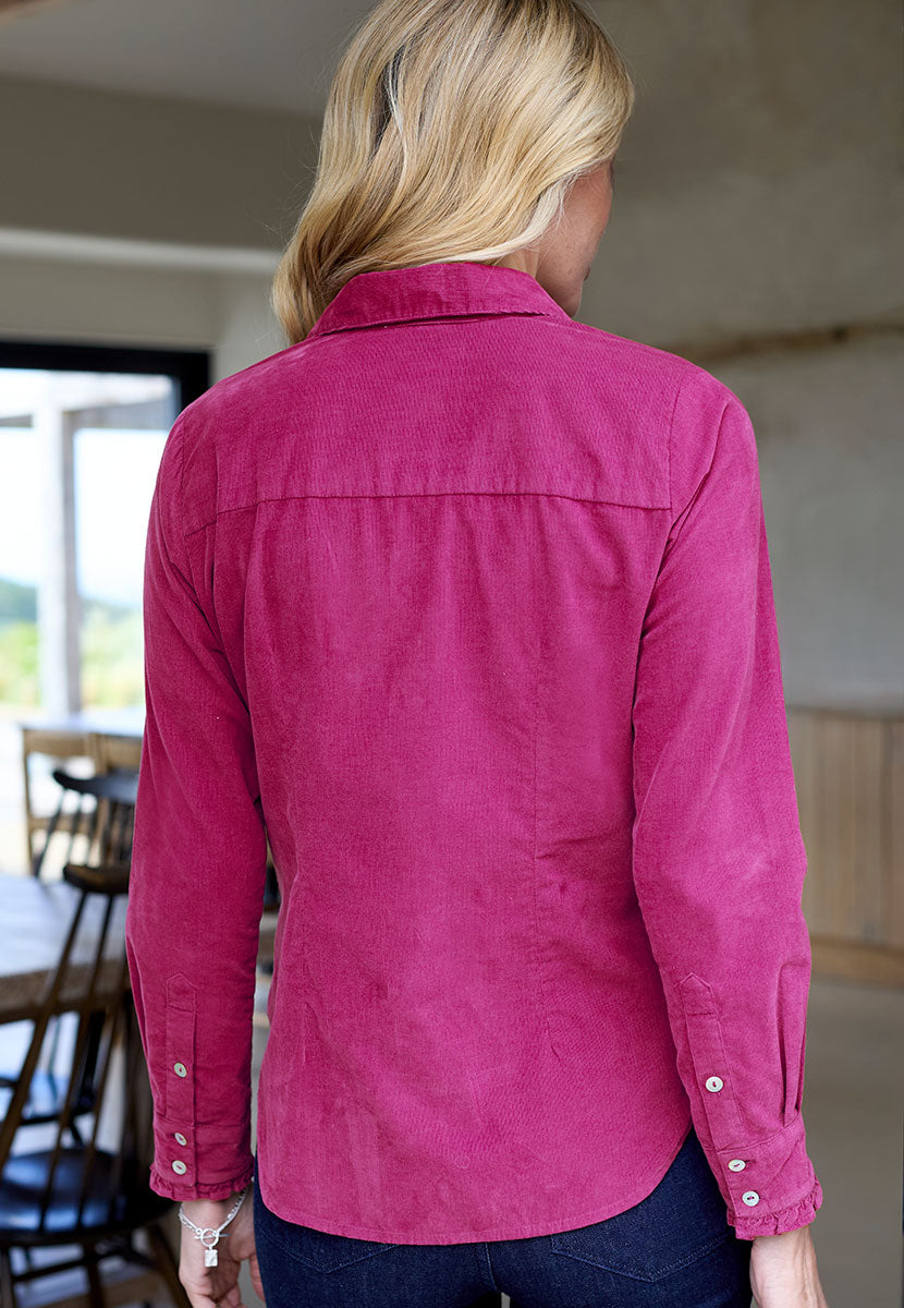 Lydia Button Through Cord Shirt - Winter Raspberry Soft Cord Texture Gentle Ruffle Trims Long Sleeves and Button Cuffs Back View