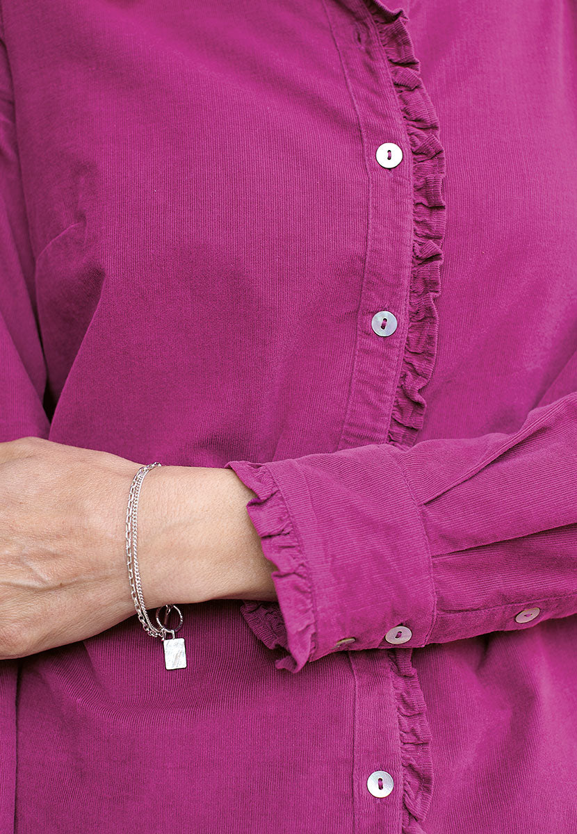 Lydia Button Through Cord Shirt - Winter Raspberry Soft Cord Texture Gentle Ruffle Trims Long Sleeves and Button Cuffs Detail View