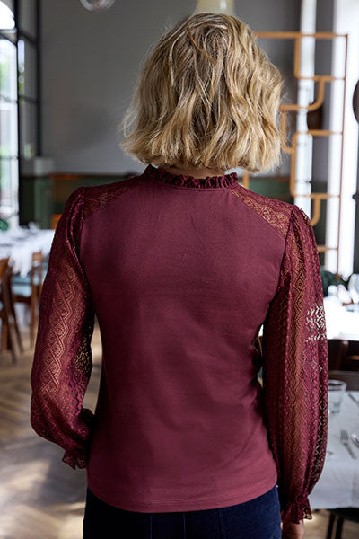 Mabel Lacy Long Sleeve Jersey Top - Berry Back View