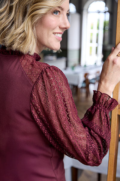 Mabel Lacy Long Sleeve Jersey Top - Berry Detail View