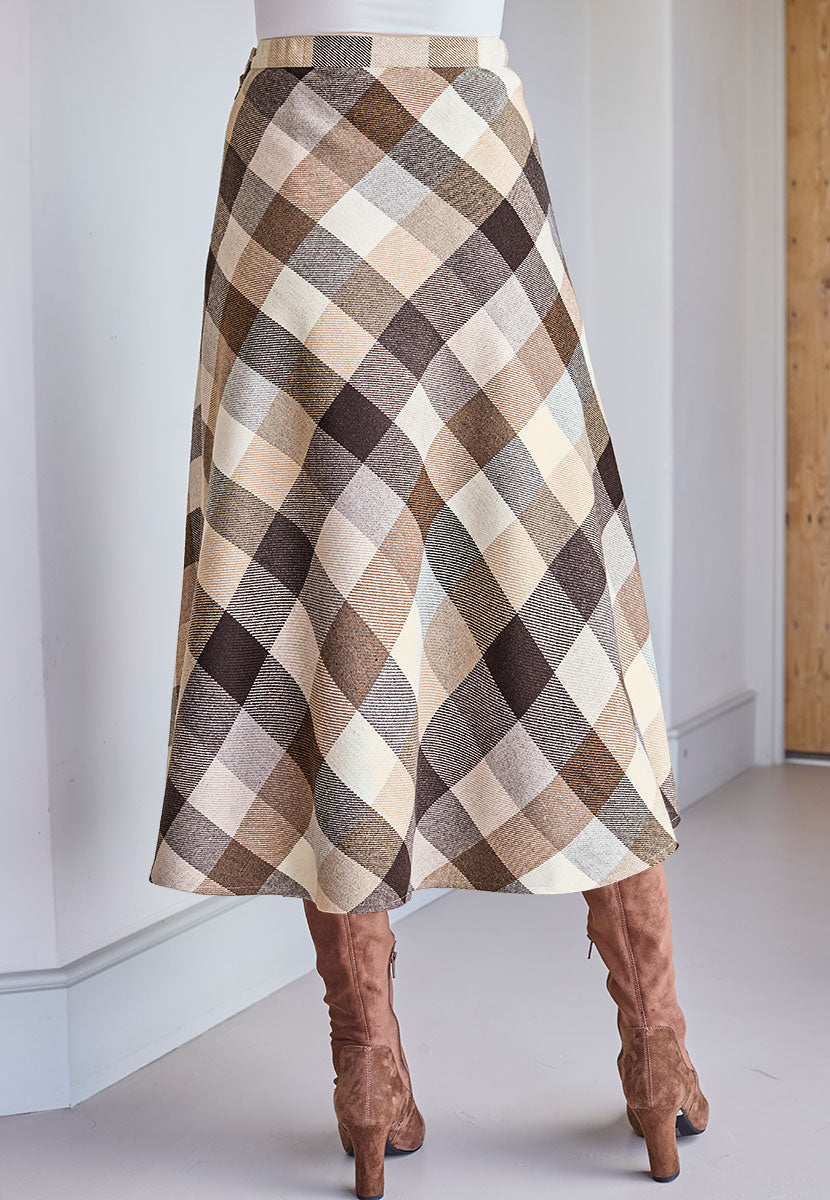 Mara Wool Blend Skirt - Neutral Check Back View