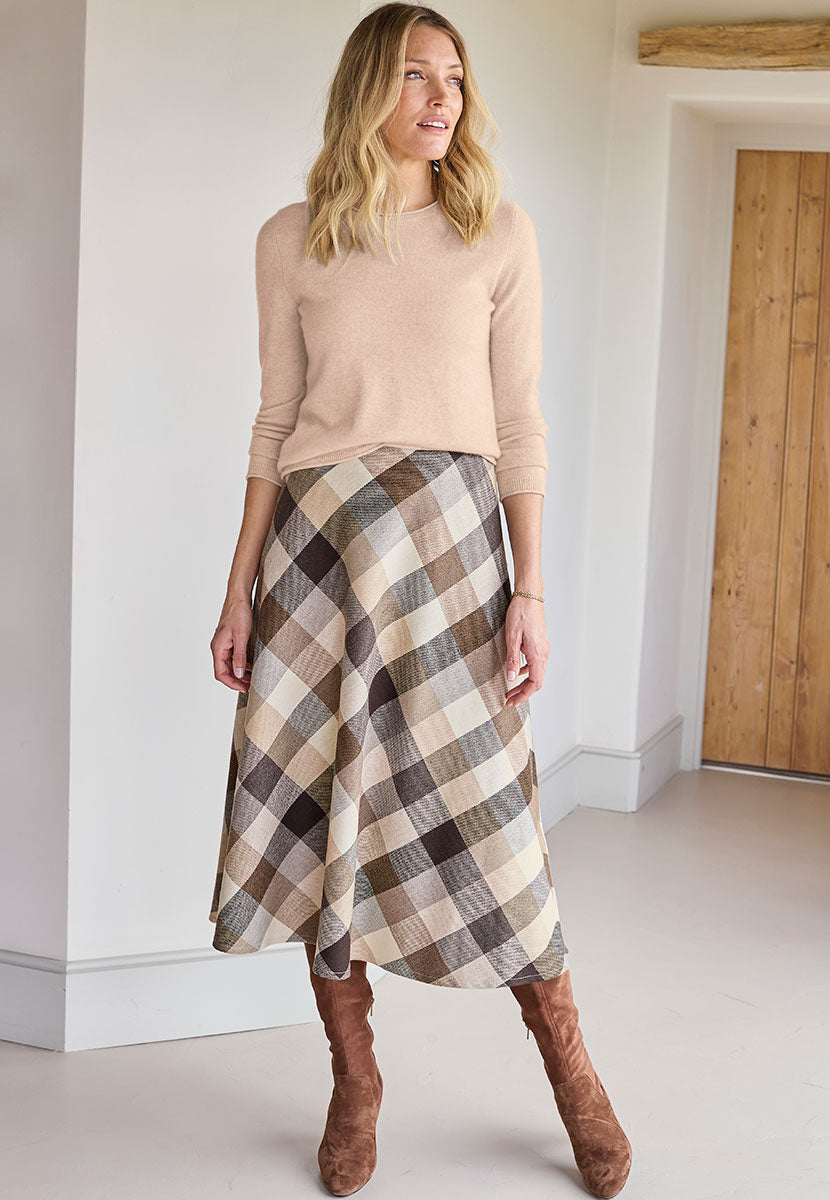 Mara Wool Blend Skirt - Neutral Check Front View