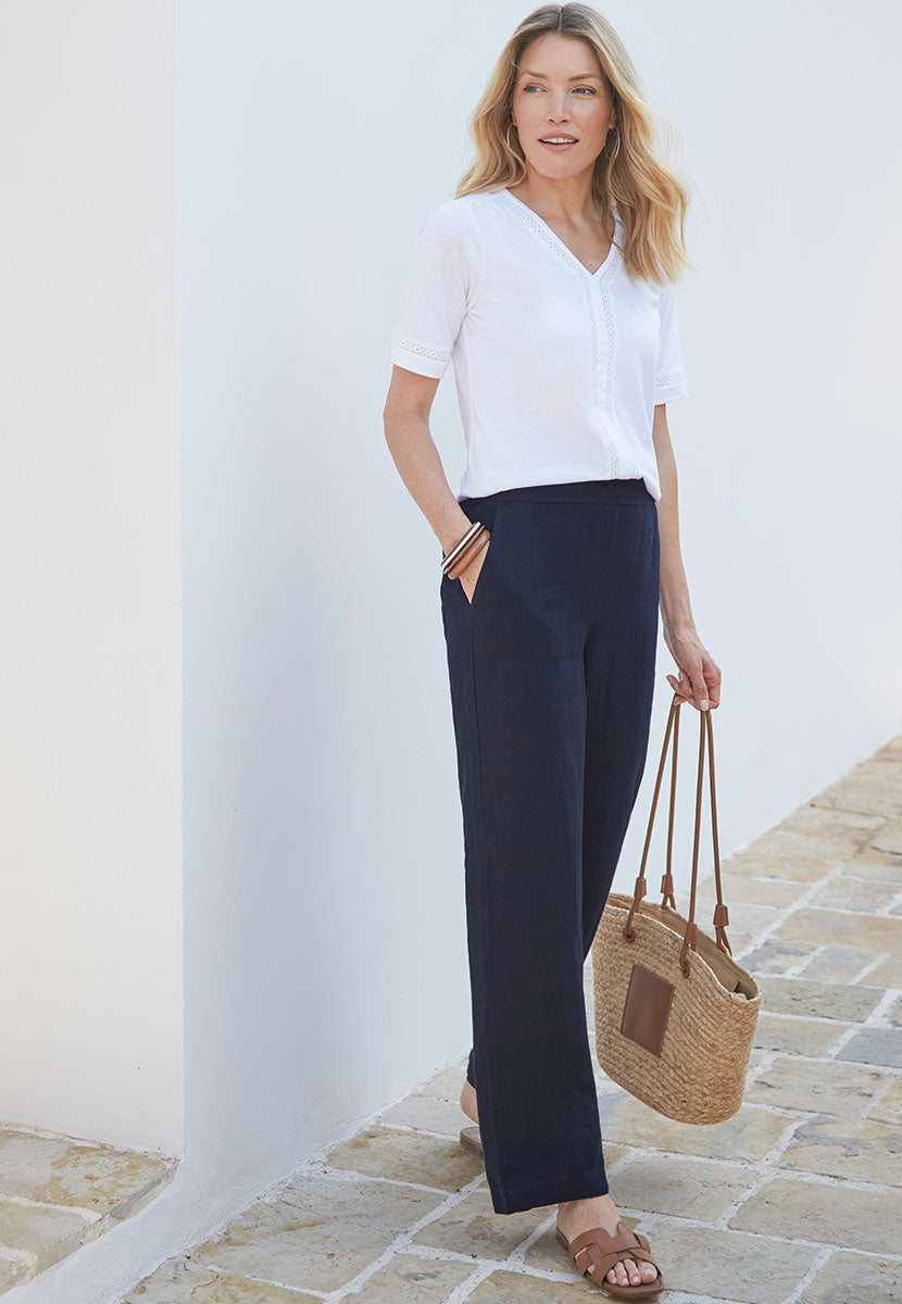 Marcella Wide Leg Linen Trouser - Navy