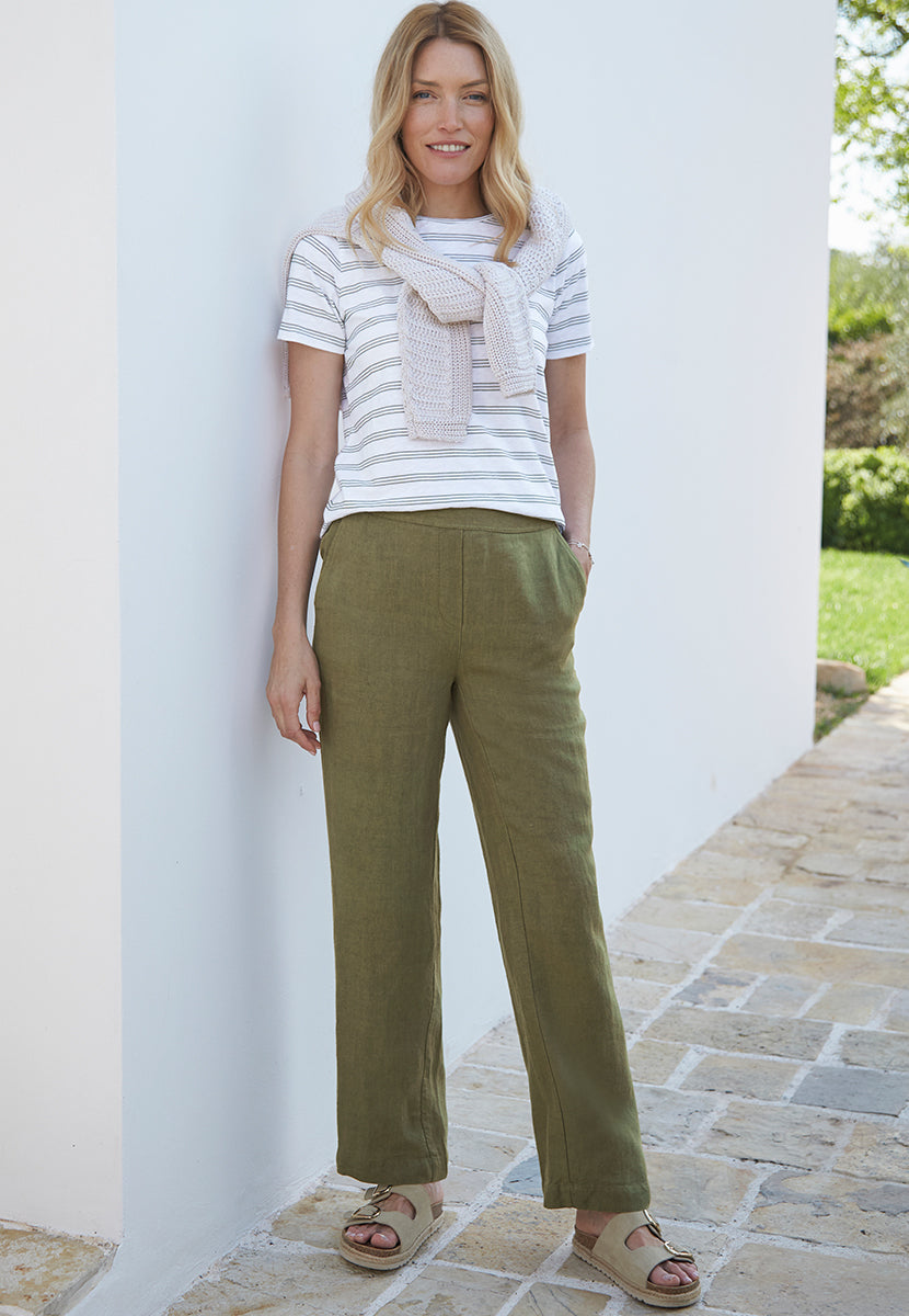 Marcella Wide Leg Linen Trouser - Rich Olive