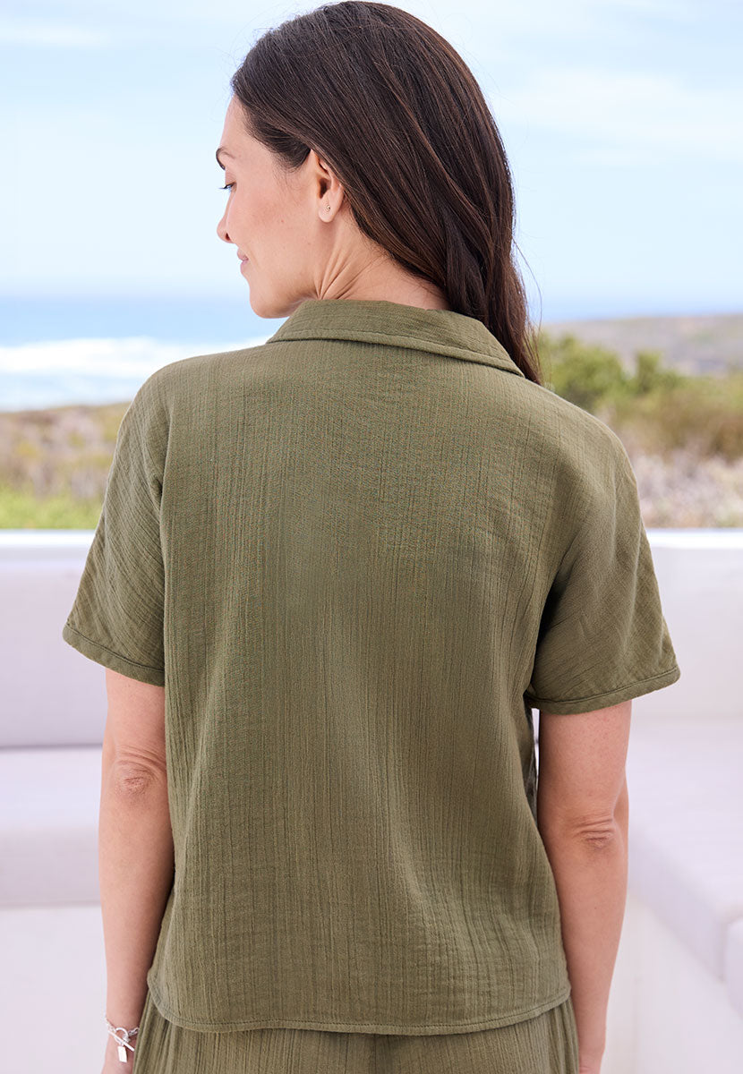 Marissa Pure Cotton Woven Co-ord Blouse - Rich Olive