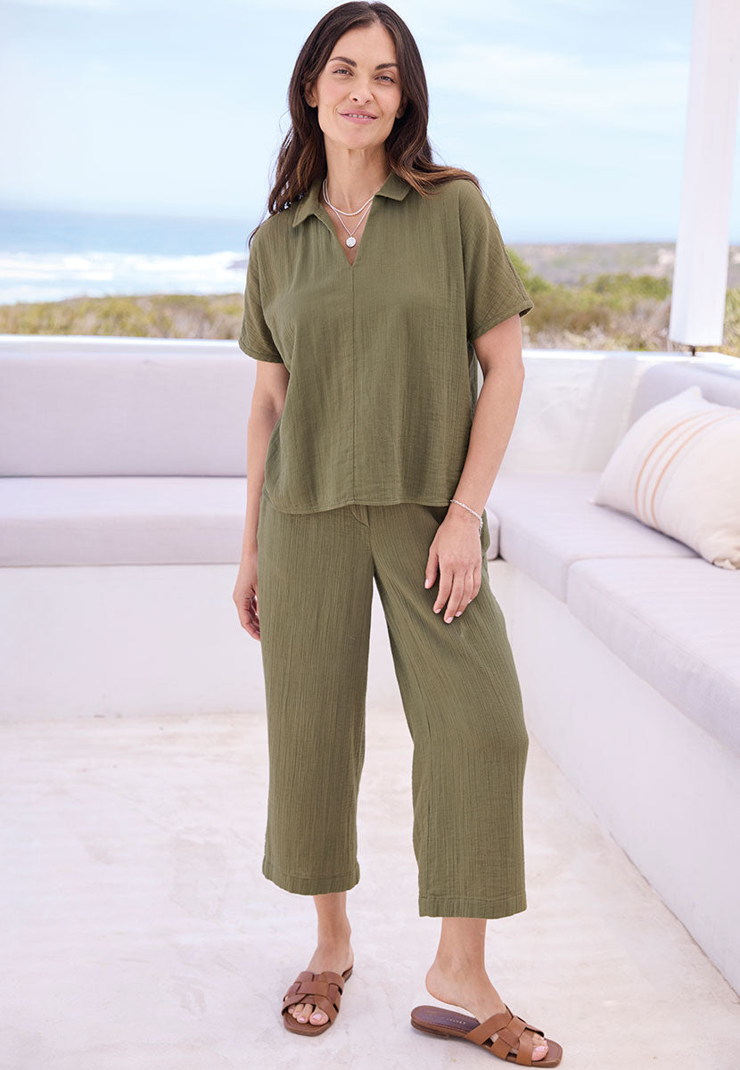 Marissa Pure Cotton Woven Co-ord Blouse - Rich Olive