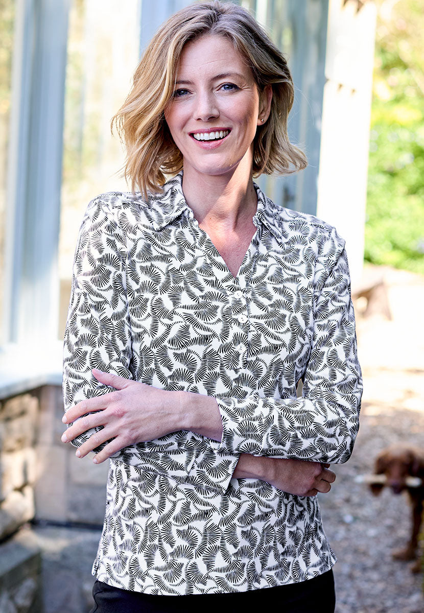 Marnie Long Sleeve Button Through Cotton Top - Tivo Print Black and White Leaf Print Refined Style with Collared Neckline and Button Detail Front Alt View