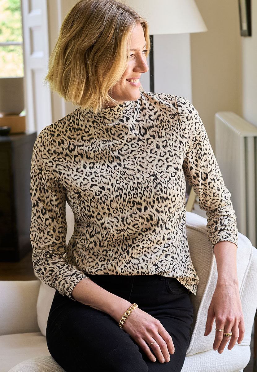 Martina Turtleneck Cotton Top - Animal Print Front Alt View