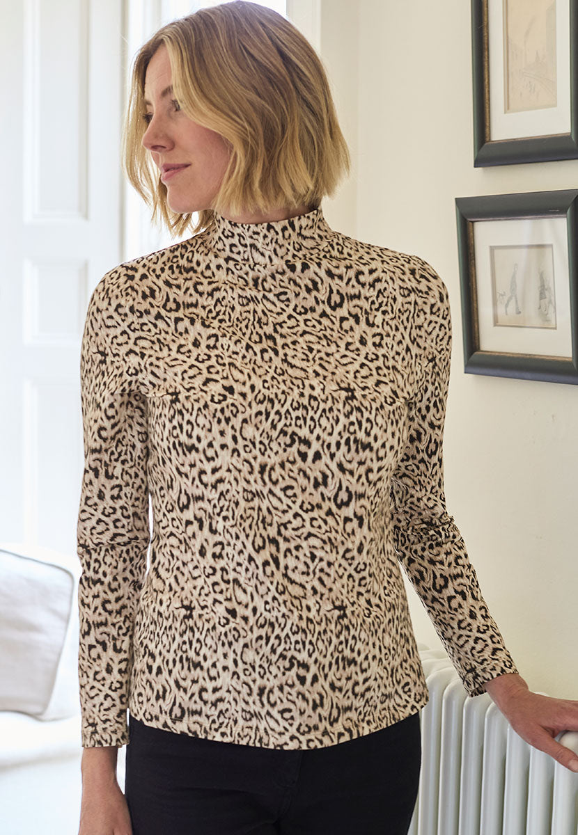 Martina Turtleneck Cotton Top - Animal Print Front Alt View