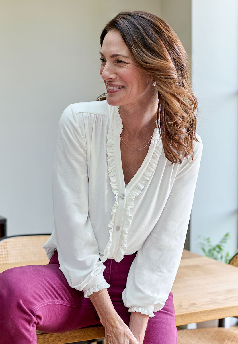 Martine Long Sleeve Collared Jersey Blouse - Ivory Open V-Neck Button Through Detail Elasticated Buttoned Cuffs and Ruffle Trims Front Alt View