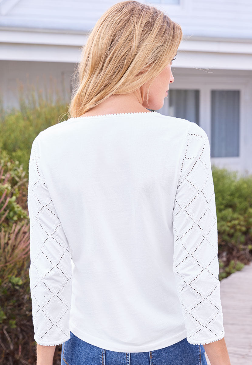 Melina 3/4 Sleeve Pure Cotton Broderie Top - Ivory