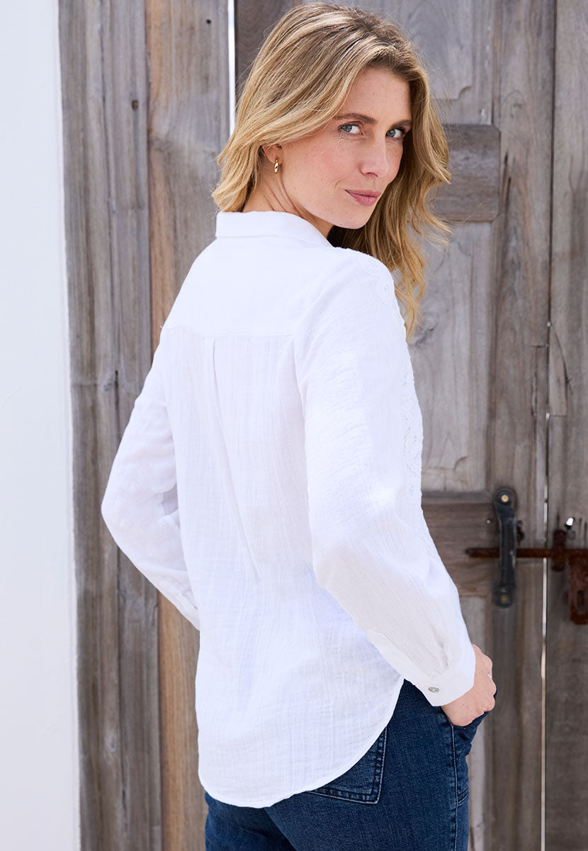 Melissa 3/4 sleeves Embroidered Cotton Shirt - White Pure Cotton Crochet Embriodery Collared Neck Back View