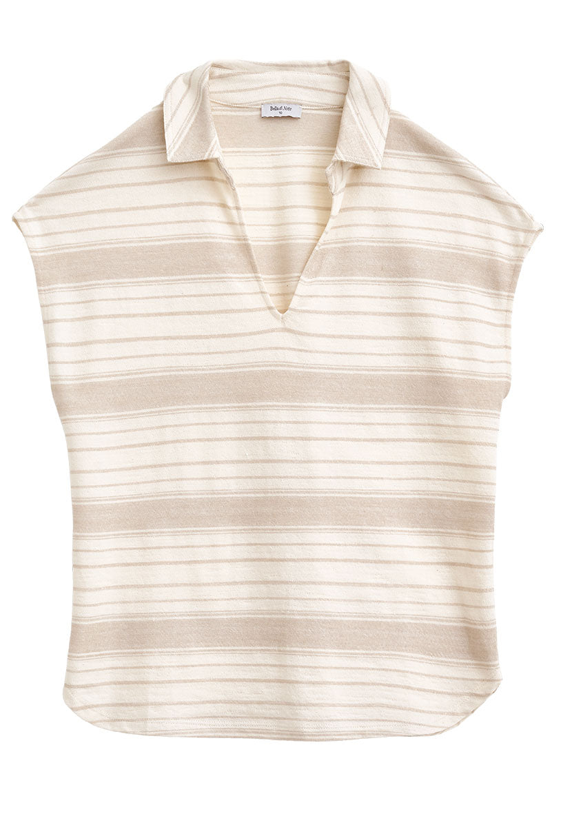 Mia Cap Sleeve Collared Neck Top - Soft Almond Stripe
