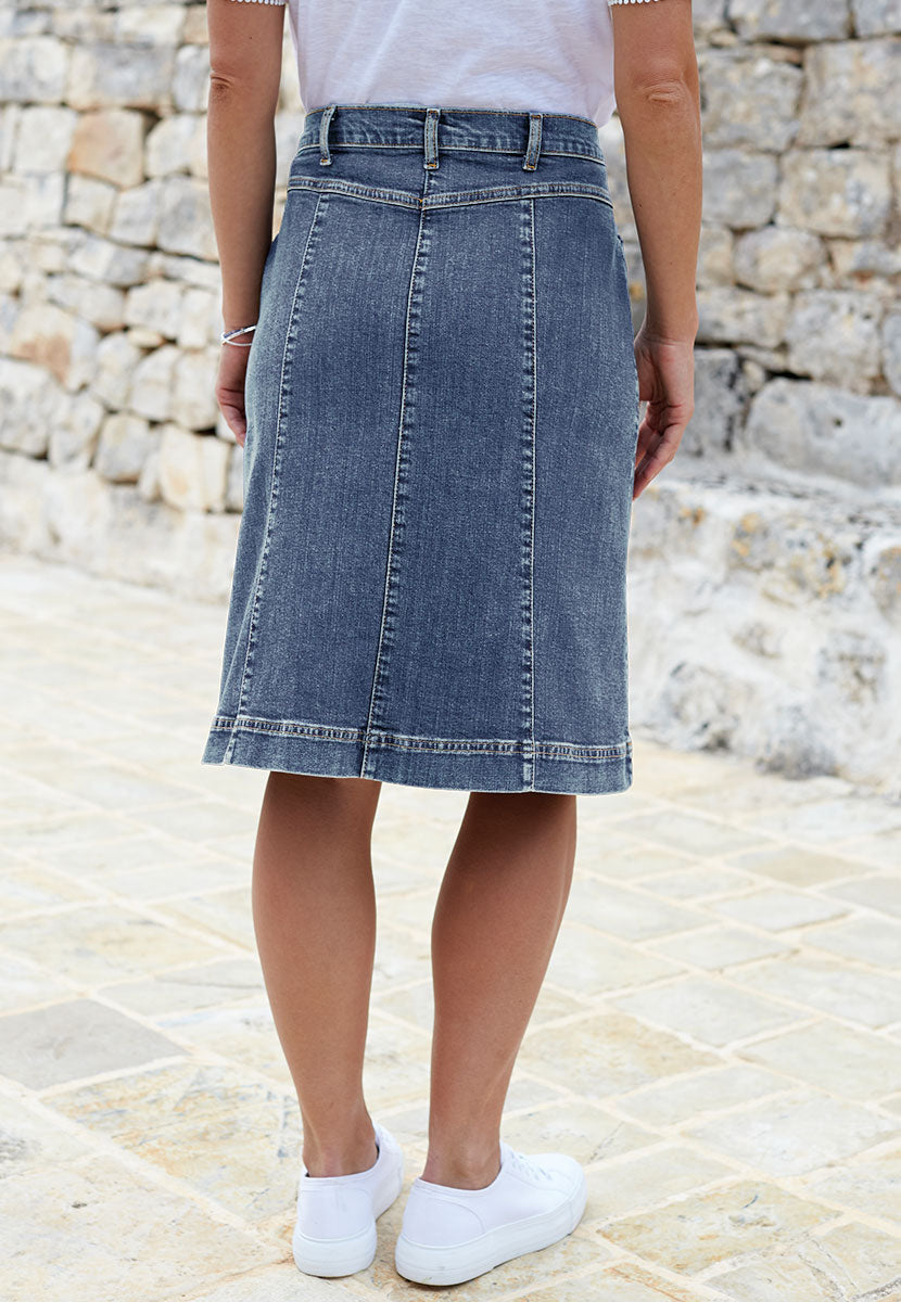 Michaela Stretch Denim Cotton Skirt Below Knee Length- Mid Denim  Zip Fly and Button with Pockets and Belt loops Back View
