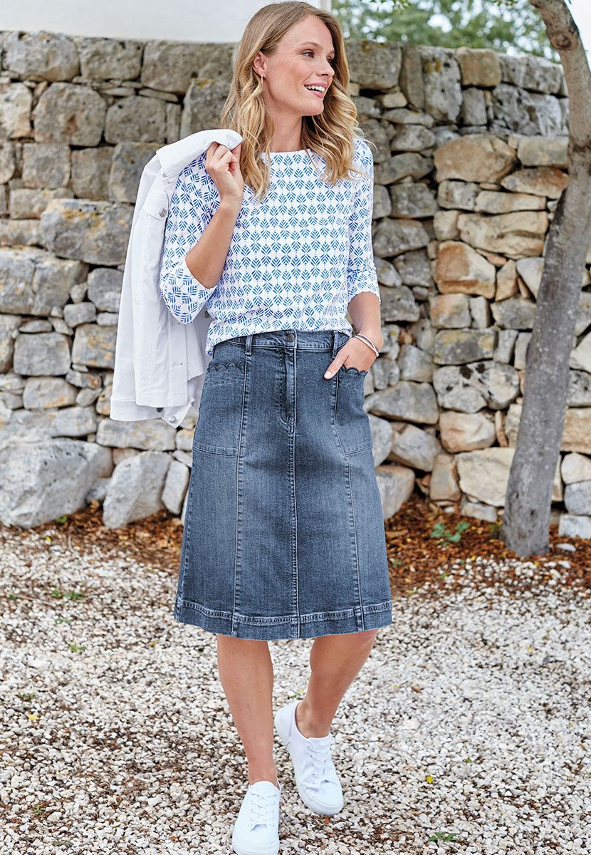 Michaela Stretch Denim Cotton Skirt Below Knee Length- Mid Denim  Zip Fly and Button with Pockets and Belt loops