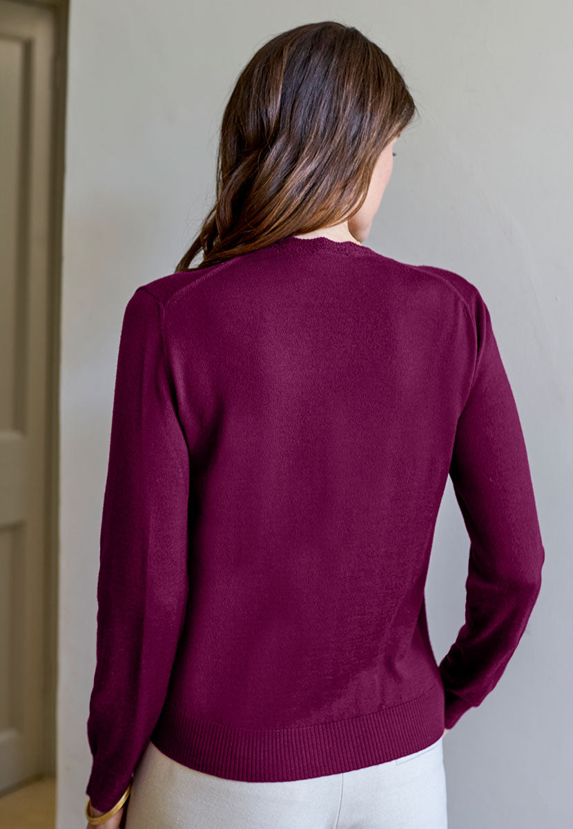 Michelle Merino Knit Cardigan - Berry Elegant Dressy Lightweight Merino Knit Lacy Stitch Detail Rib Side Panels Shell Buttons Back View