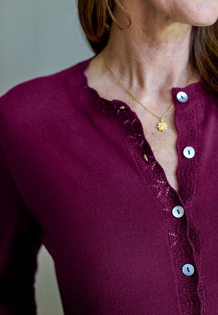 Michelle Merino Knit Cardigan - Berry Elegant Dressy Lightweight Merino Knit Lacy Stitch Detail Rib Side Panels Shell Buttons Detail View