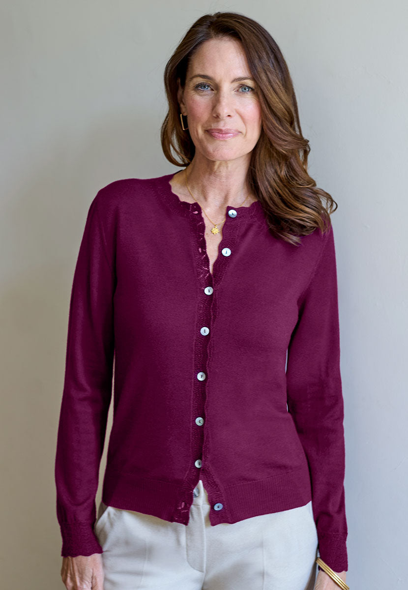 Michelle Merino Knit Cardigan - Berry Elegant Dressy Lightweight Merino Knit Lacy Stitch Detail Rib Side Panels Shell Buttons Front Alt View
