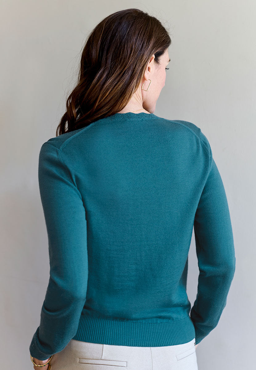 Michelle Merino Knit Cardigan - Teal Elegant Dressy Lightweight Merino Knit Lacy Stitch Detail Rib Side Panels Shell Buttons Back View