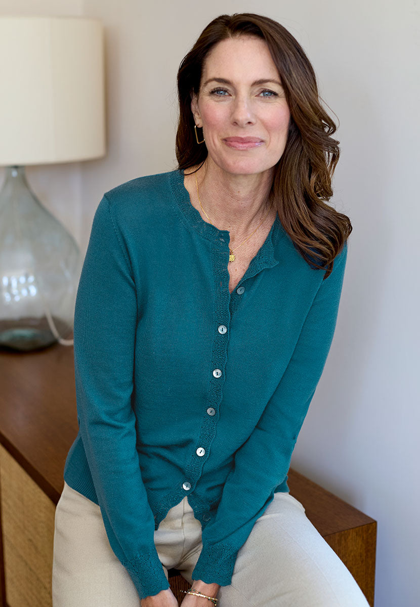 Michelle Merino Knit Cardigan - Teal Elegant Dressy Lightweight Merino Knit Lacy Stitch Detail Rib Side Panels Shell Buttons Front Alt View