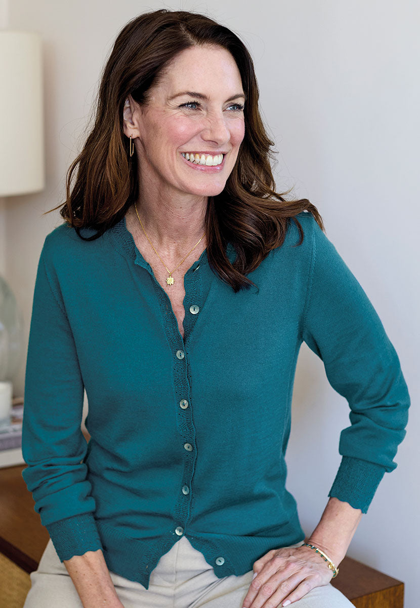 Michelle Merino Knit Cardigan - Teal Elegant Dressy Lightweight Merino Knit Lacy Stitch Detail Rib Side Panels Shell Buttons
